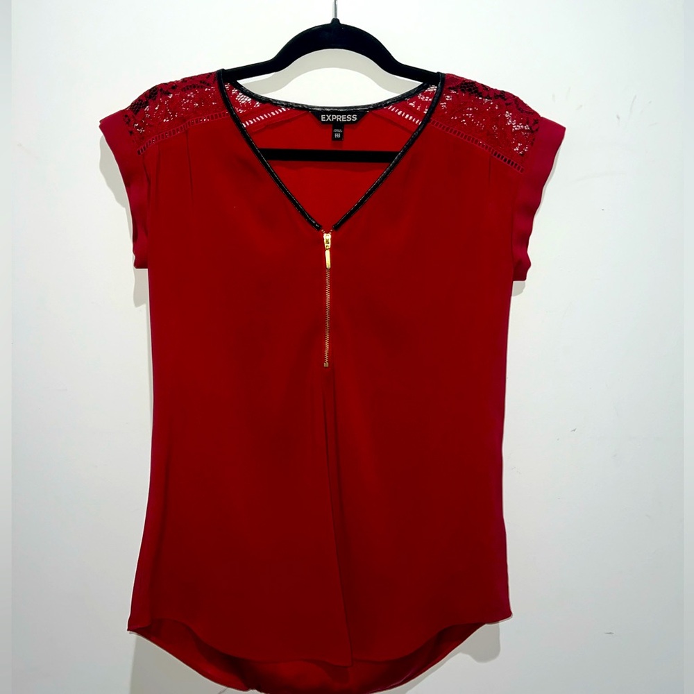 Express XXS blouse red with black leather looking trim on v neck